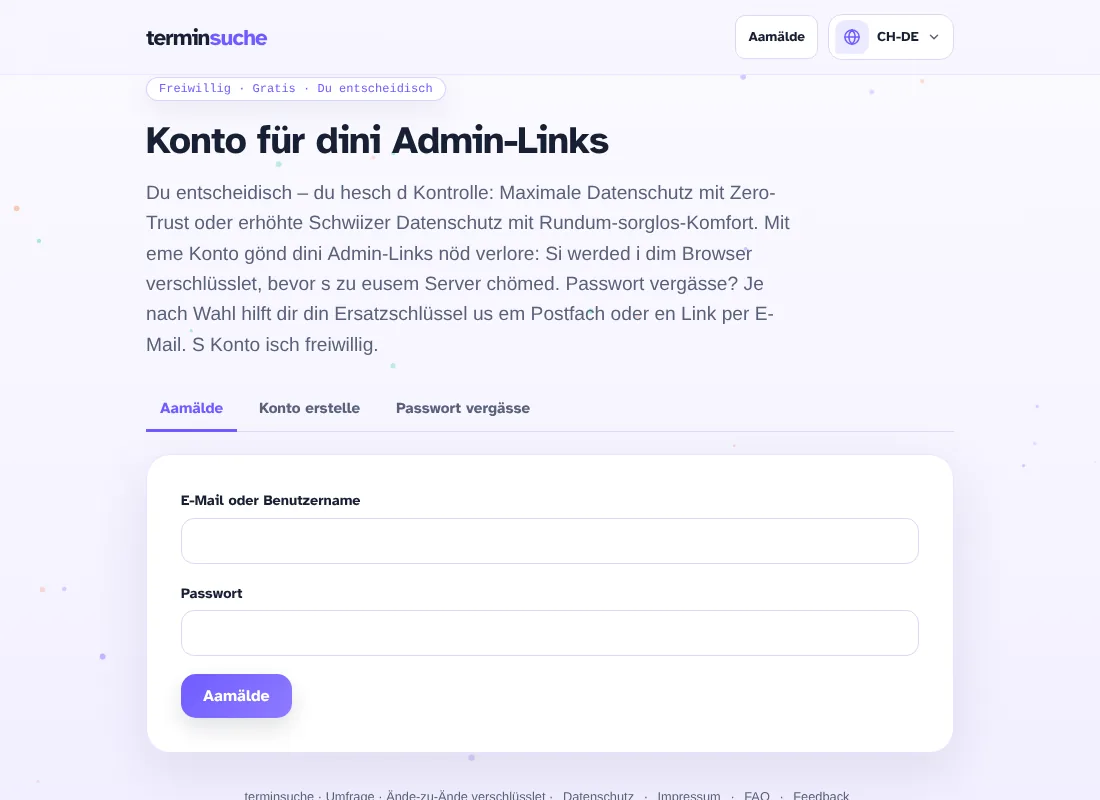 Konto-Siite mit Aamälde und Konto erstelle