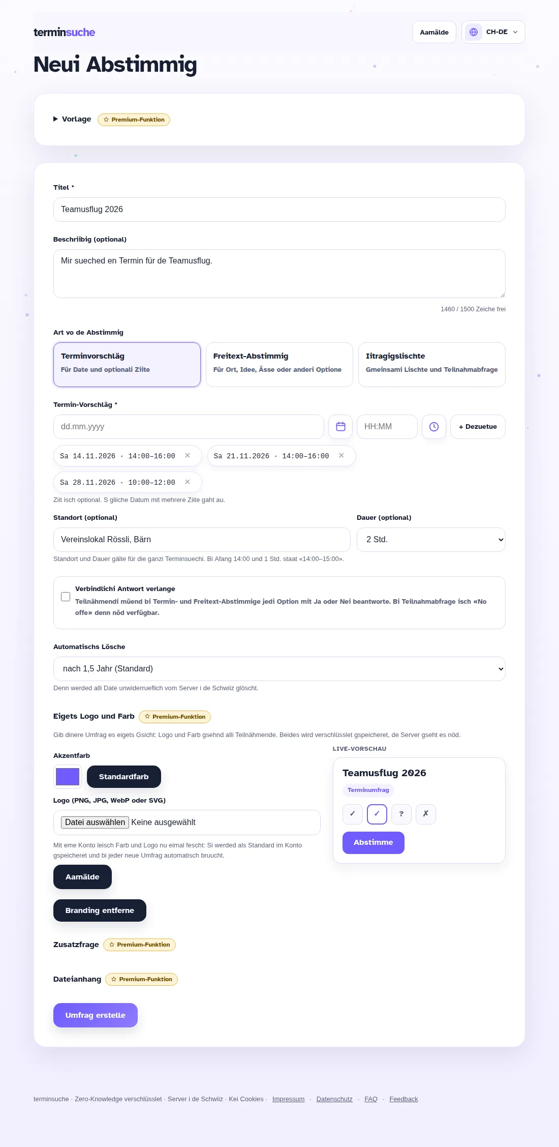 Formular zum Erstelle vo ere Terminumfrag mit Standort, Duur und drü Terminvorschläg